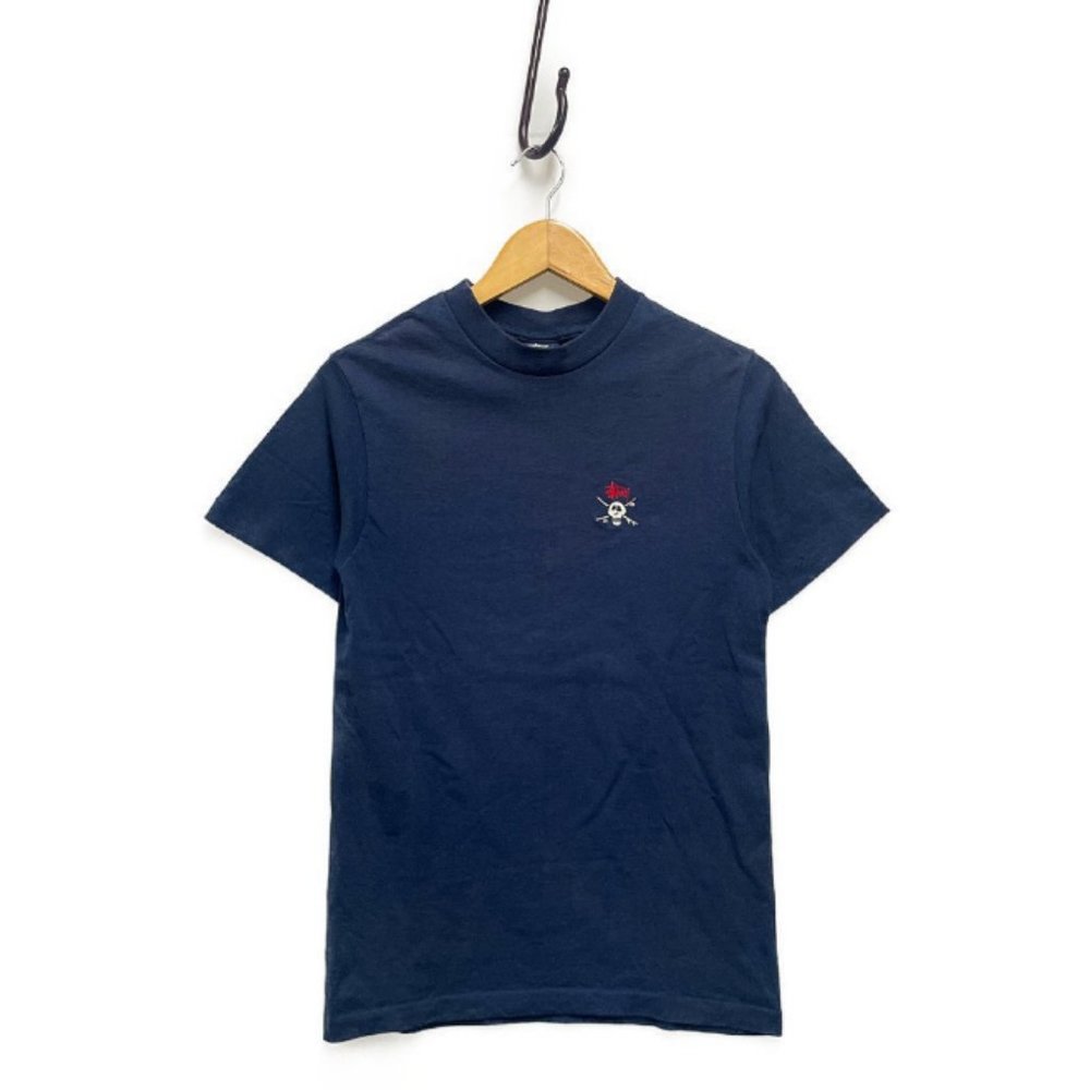 Vintage 90's Stussy Embroidered Skull T Shirt Size Small Made in USA Blue Skater